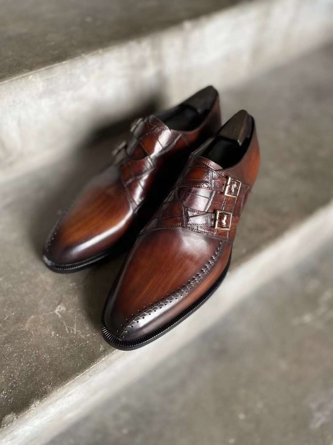 Double Monk Croc Trim Loafer - Alexfiveusa